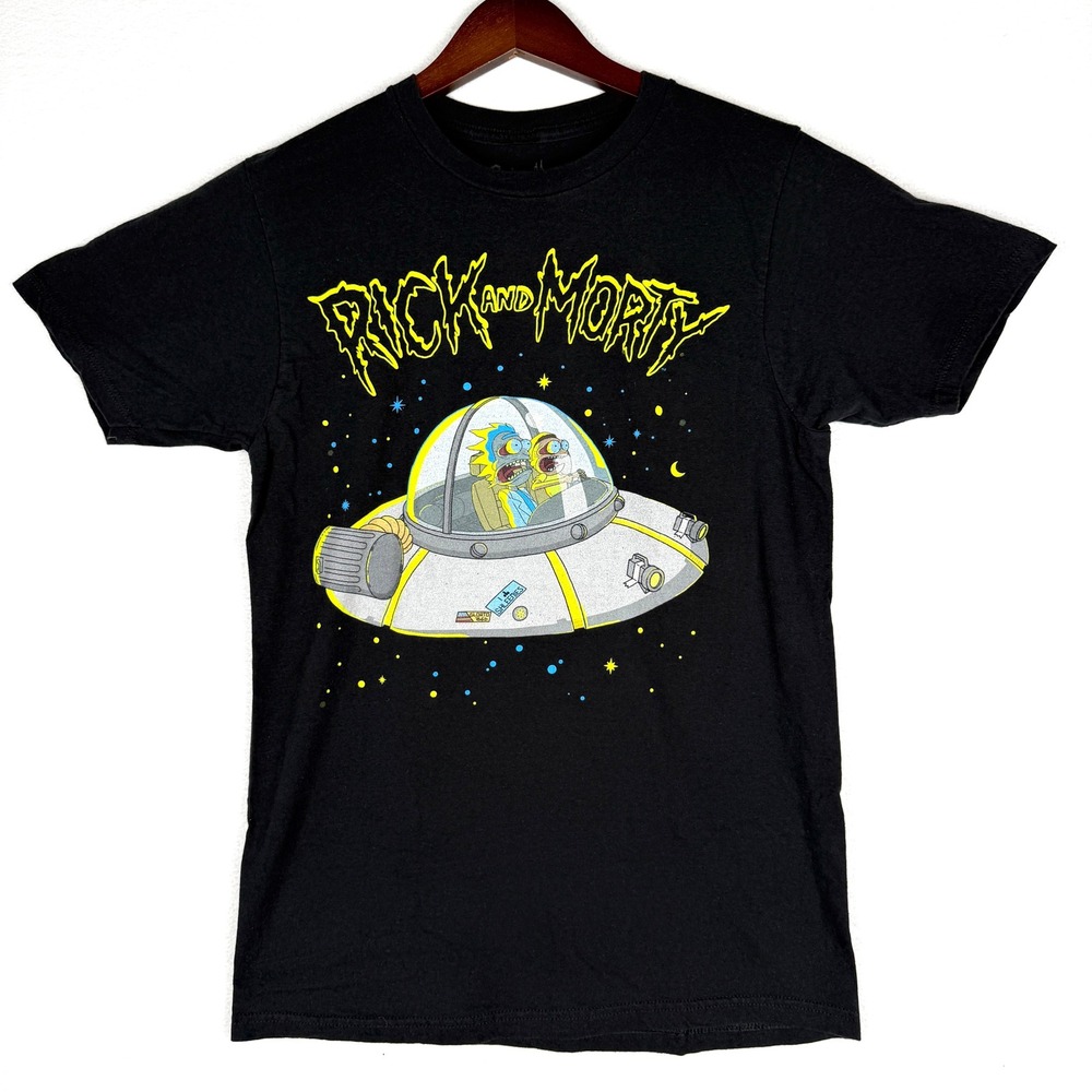 Rick & Morty T-Shirt Mens Small Black Spaceship Graphic‎ Short Sleeve